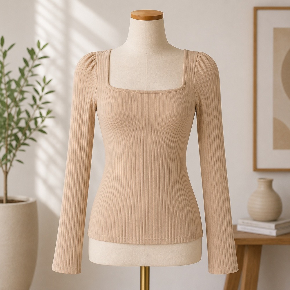 NWOT Madewell Ribbed Square Neck Top Womens XL Tan Long Sleeve Slim Fit Knit